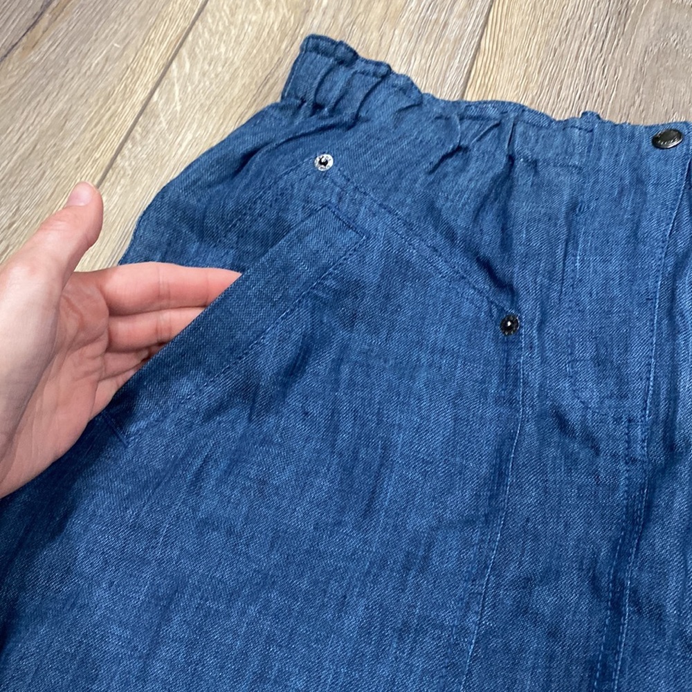 NWT DKNY 100% Linen Denim Blue Elastic Waist Knee Length Skirt 10 - Picture 2 of 16